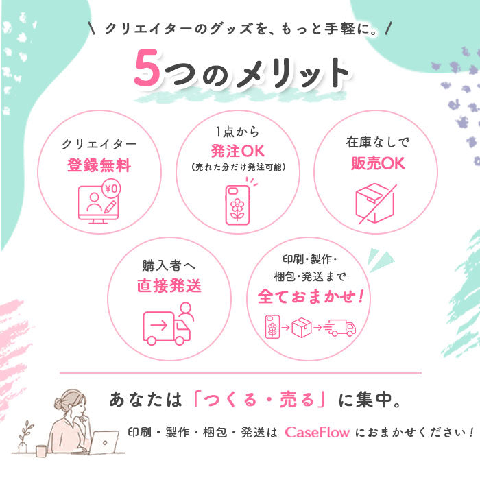 クリエイター向けOEMの5つのメリット 登録無料・1点から発注・在庫なし・購入者へ直送・印刷から発送までおまかせ