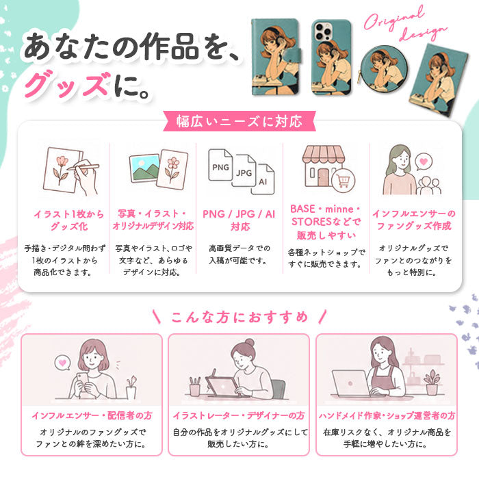 イラスト・写真・ロゴをグッズ化 イラストレーターやインフルエンサーのグッズ販売に使える