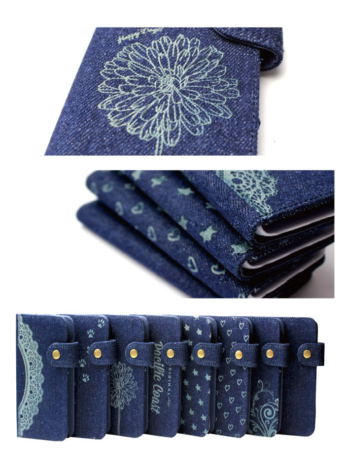 大人デニム 手帳型スマホケース【刺繍風プリント】全機種対応・マグネットレス