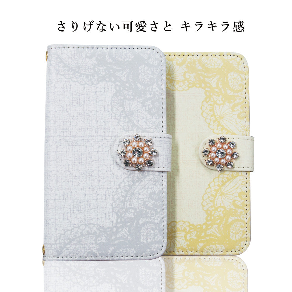 レースデザイン 手帳型スマホケース【パールビジュー】全機種対応・カード収納/ミラー付き選択可