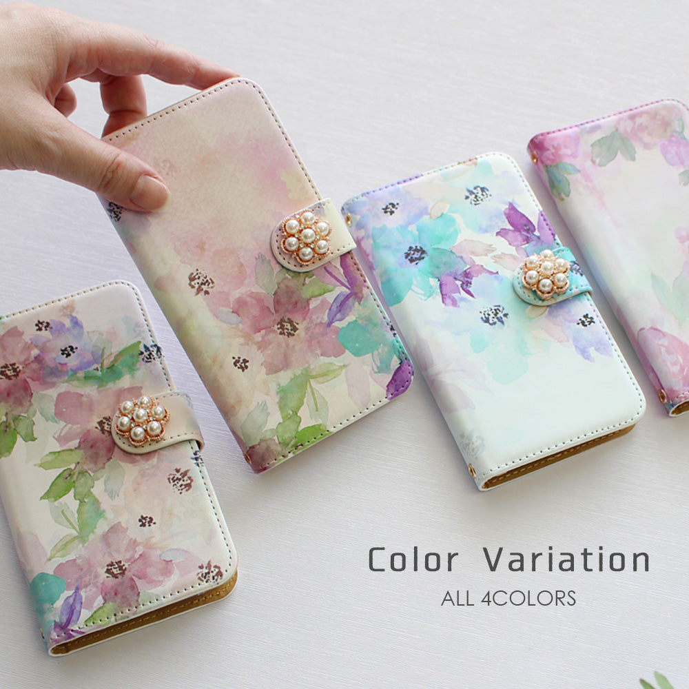 水彩ブルームフラワー 手帳型スマホケース【パールデコ】全機種対応・カード収納/ミラー付き選択可