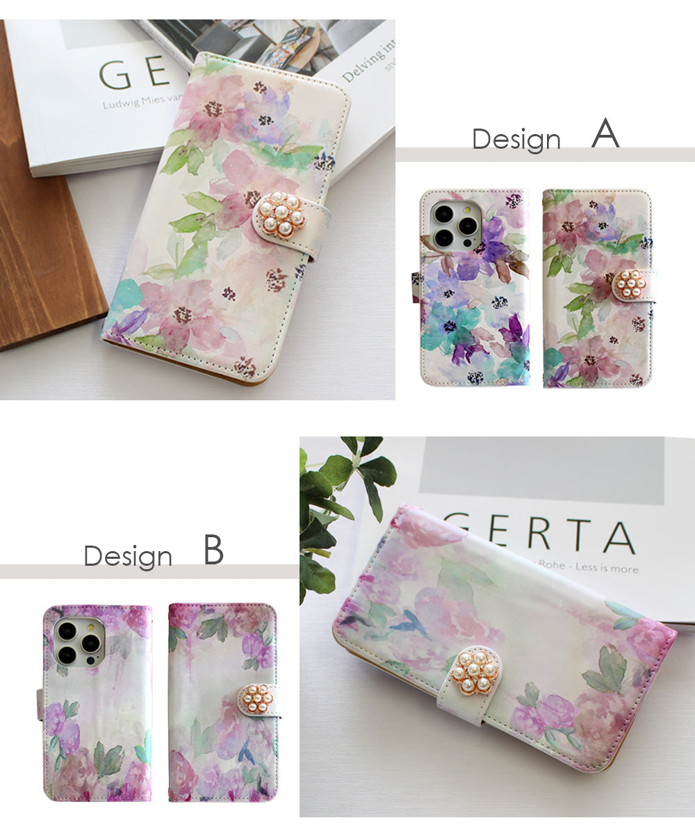 水彩ブルームフラワー 手帳型スマホケース【パールデコ】全機種対応・カード収納/ミラー付き選択可