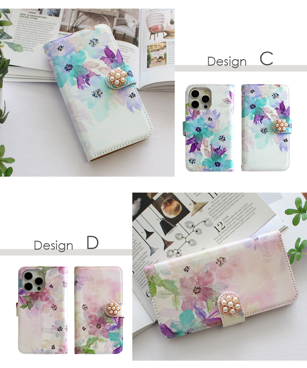 水彩ブルームフラワー 手帳型スマホケース【パールデコ】全機種対応・カード収納/ミラー付き選択可