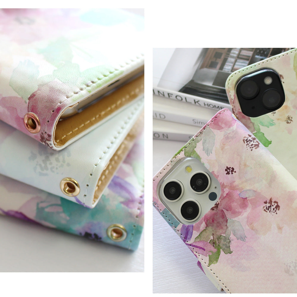 水彩ブルームフラワー 手帳型スマホケース【パールデコ】全機種対応・カード収納/ミラー付き選択可