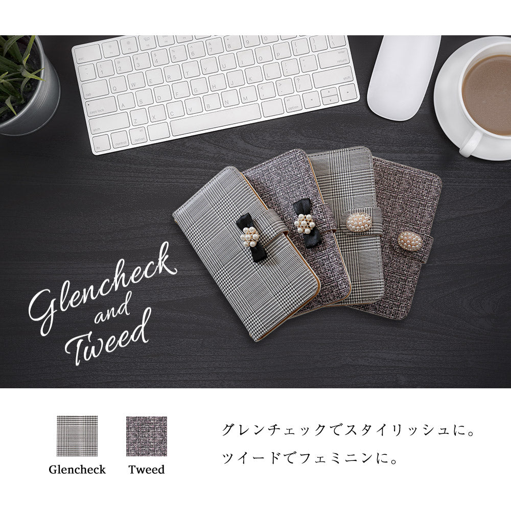 ツイード＆グレンチェック 手帳型スマホケース【パールアクセ】全機種対応・カード収納/ミラー付き選択可