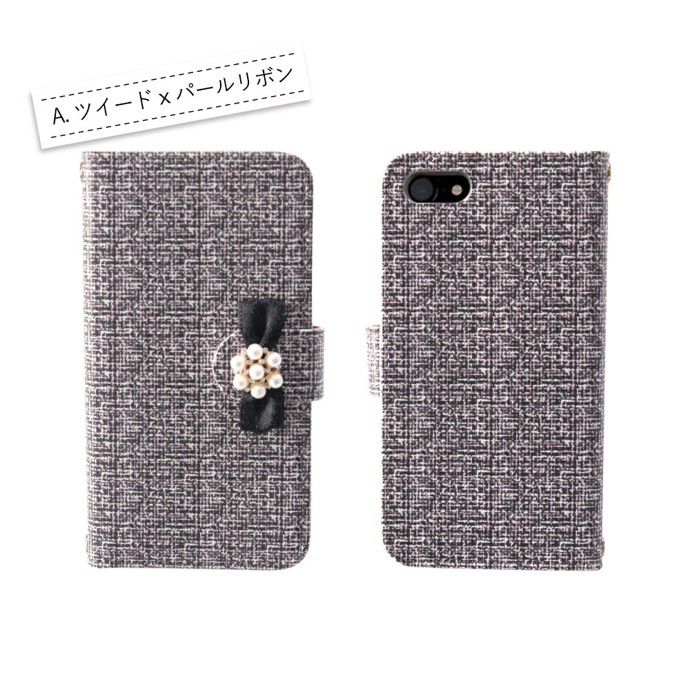 ツイード＆グレンチェック 手帳型スマホケース【パールアクセ】全機種対応・カード収納/ミラー付き選択可
