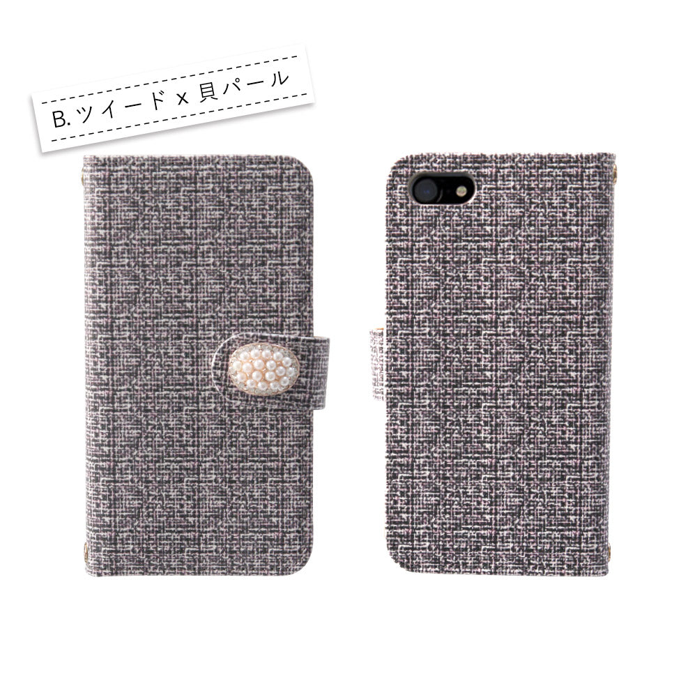 ツイード＆グレンチェック 手帳型スマホケース【パールアクセ】全機種対応・カード収納/ミラー付き選択可