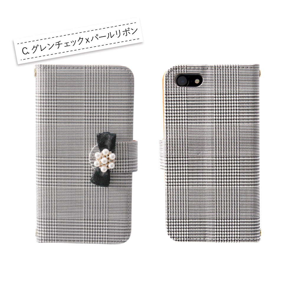 ツイード＆グレンチェック 手帳型スマホケース【パールアクセ】全機種対応・カード収納/ミラー付き選択可