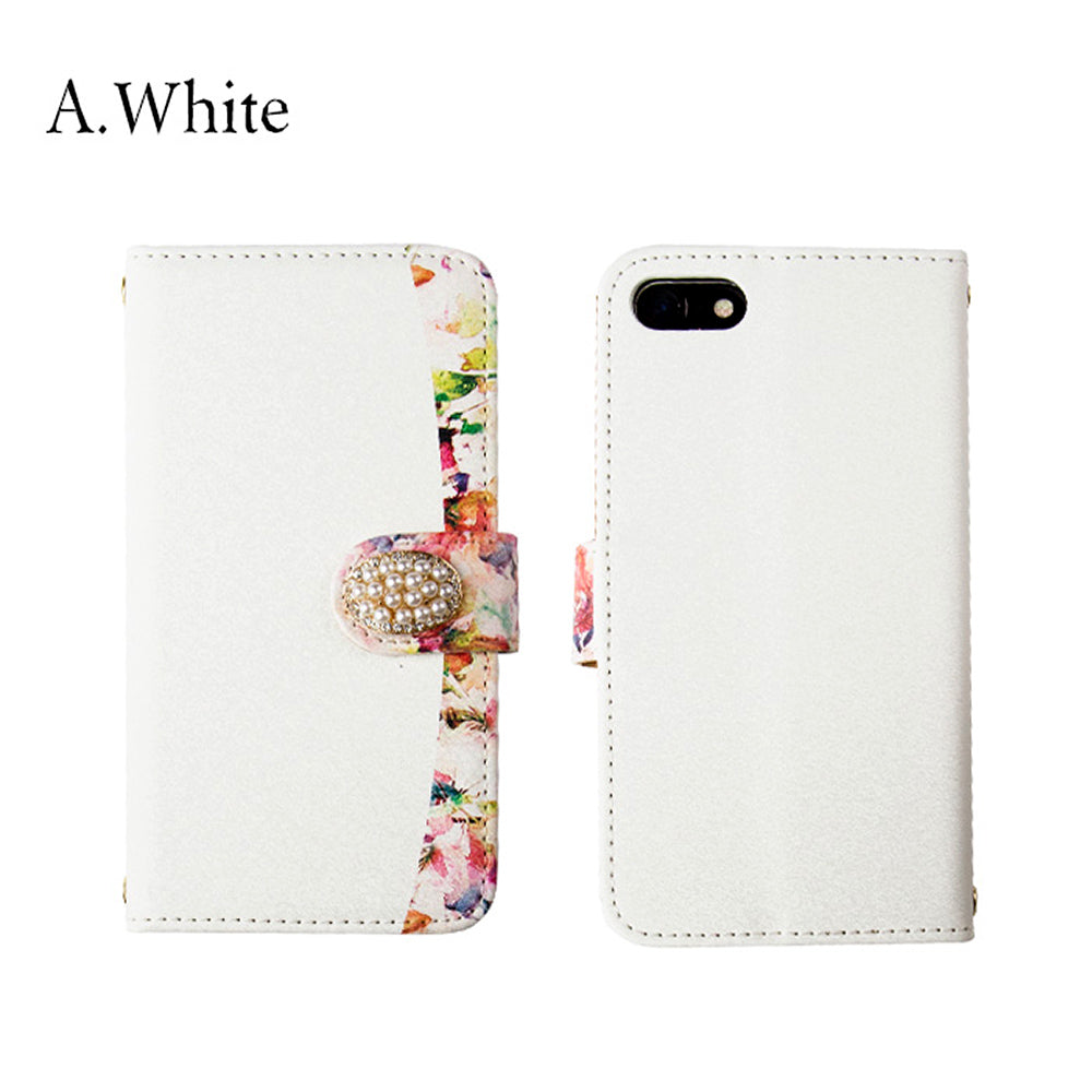 ビタミンフラワー×バイカラー 手帳型スマホケース【パールビジュー】全機種対応・カード収納/ミラー付き選択可