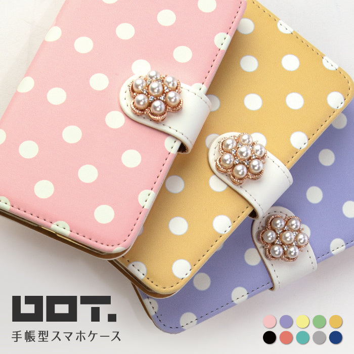 ドット×パールビジュー 手帳型スマホケース 全機種対応・カード収納/ミラー付き選択可
