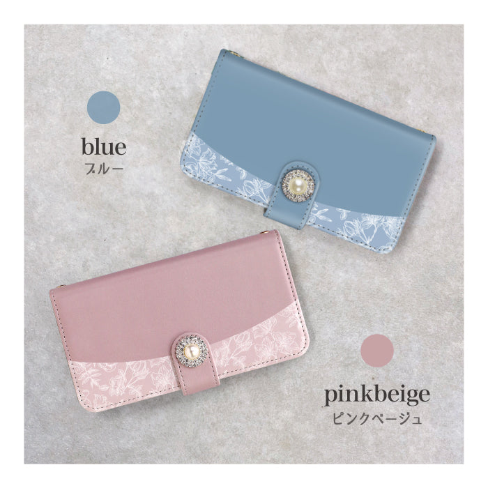 フラワーライン×バイカラー 手帳型スマホケース【パールビジュー】全機種対応・カード収納/ミラー付き選択可