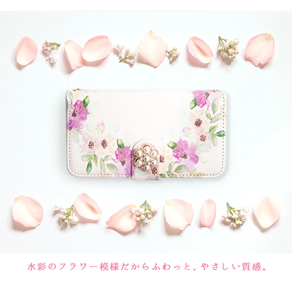 ふんわり水彩フラワー 手帳型スマホケース【パールデコ】全機種対応・カード収納/ミラー付き選択可