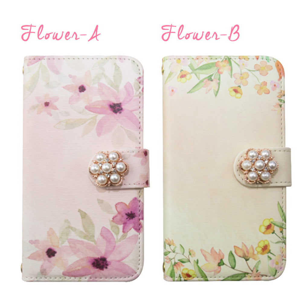 ふんわり水彩フラワー 手帳型スマホケース【パールデコ】全機種対応・カード収納/ミラー付き選択可