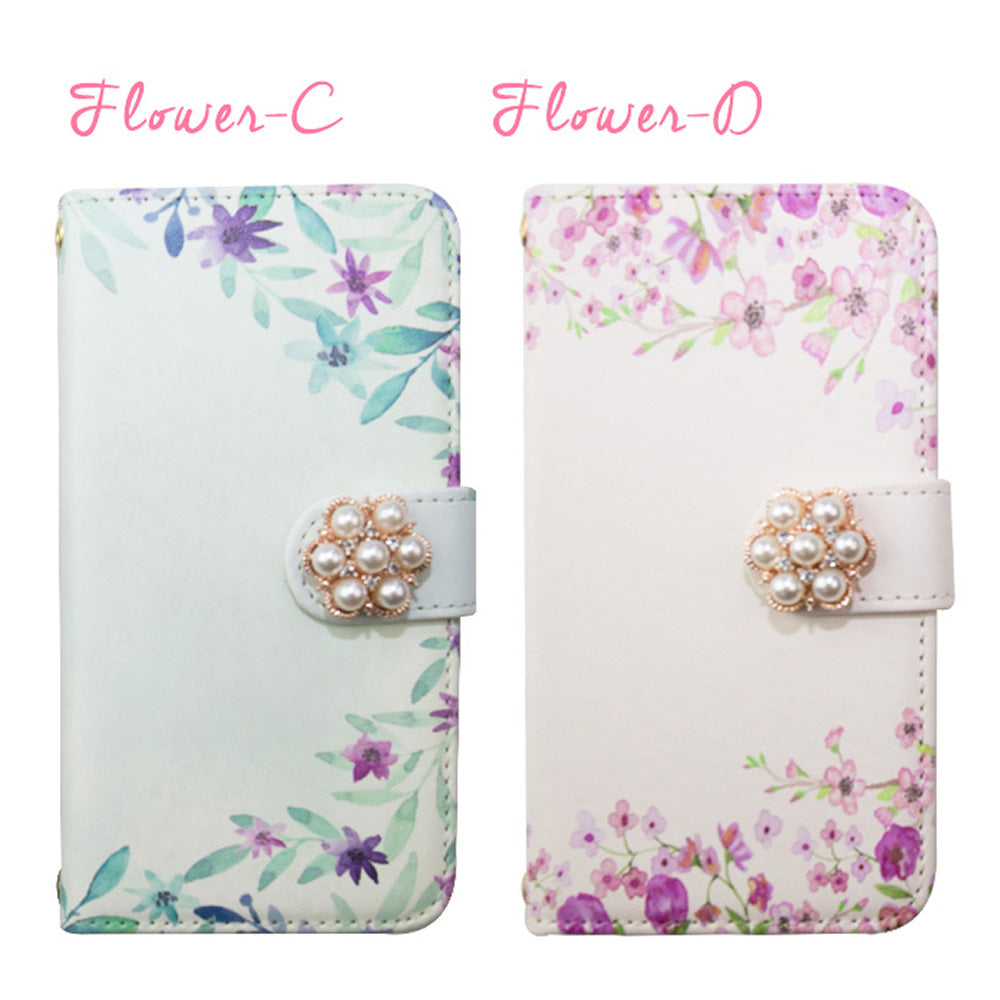 ふんわり水彩フラワー 手帳型スマホケース【パールデコ】全機種対応・カード収納/ミラー付き選択可