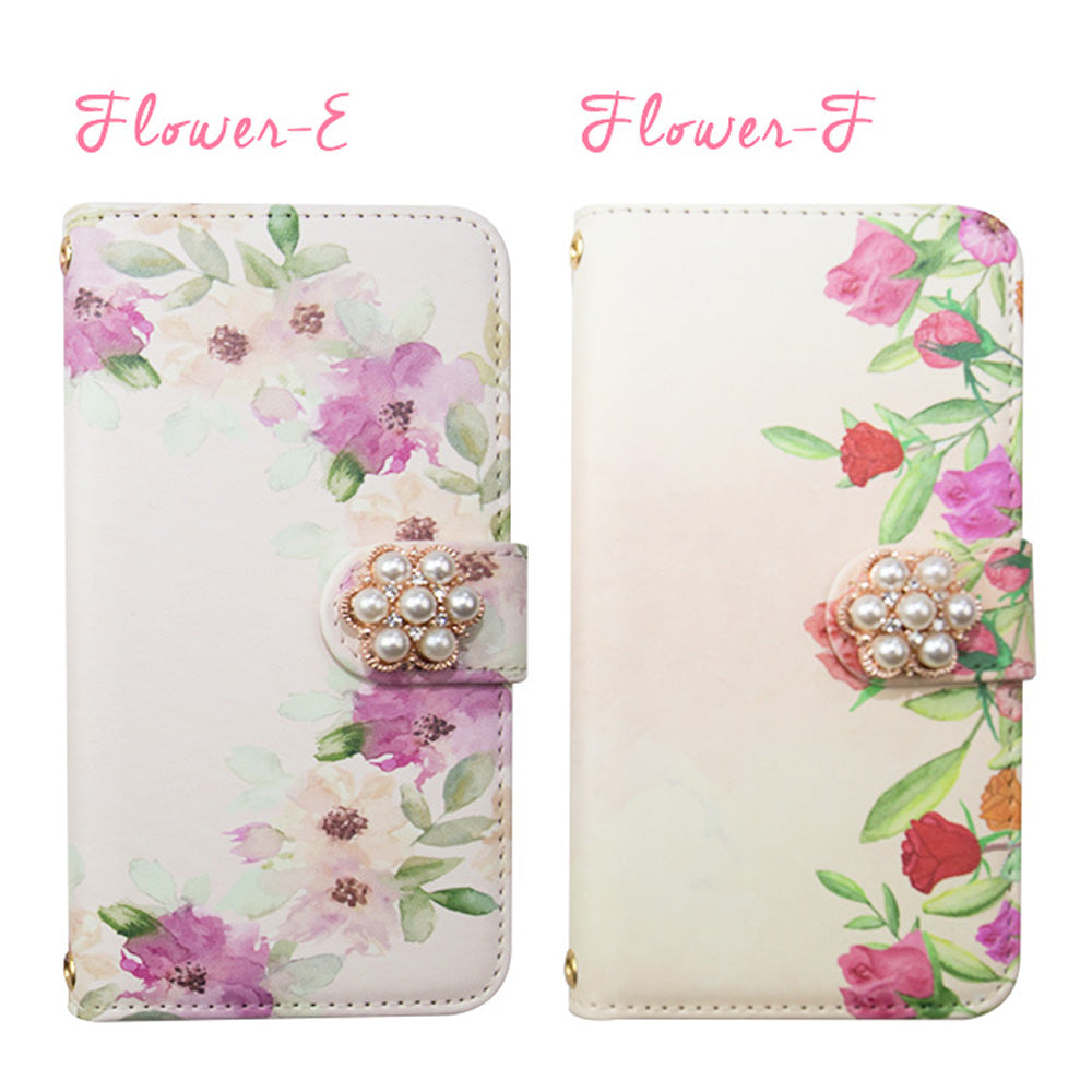 ふんわり水彩フラワー 手帳型スマホケース【パールデコ】全機種対応・カード収納/ミラー付き選択可
