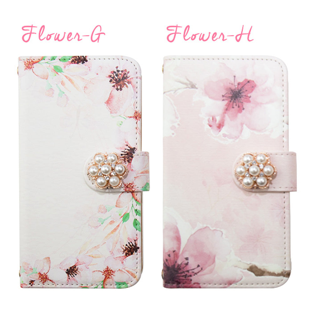 ふんわり水彩フラワー 手帳型スマホケース【パールデコ】全機種対応・カード収納/ミラー付き選択可